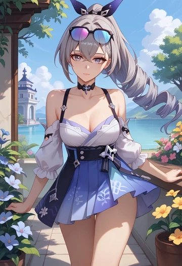 star rail,silver wolf,silk slip dress,floral prints  - AI generated anime art